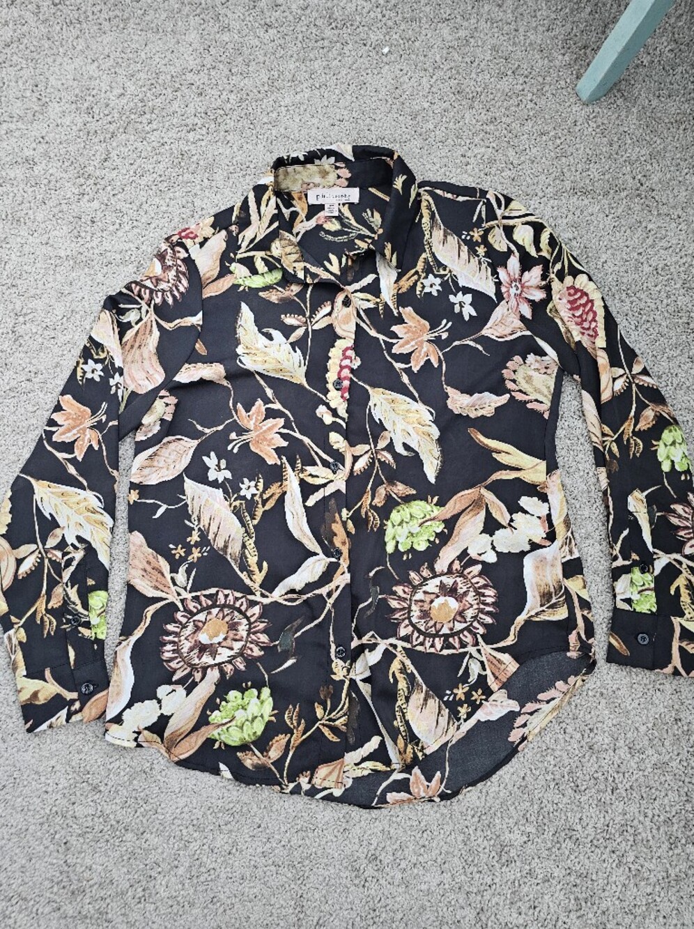 Philosophy Black Floral Button up Blouse Lightweight  Long Sleeve, Size M